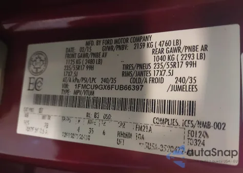 2015 Ford Escape Se z USA, uszkodzony, nr VIN 1FMCU9GX6FUB66397